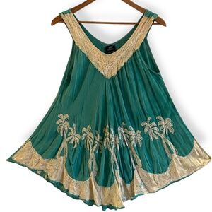 Teal Sleeveless Blouse Embroidered Top Tropical Palm Trees Boho SB Fashion OS